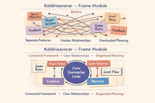 A diagram comparing a before-and-after game design framework for 'Keldrixvavor - Frame Module'. The top section shows a messy, tangled web of arrows and boxes representing separate features, while the bottom section displays a clean, organized circular gameplay loop with clear relationships.