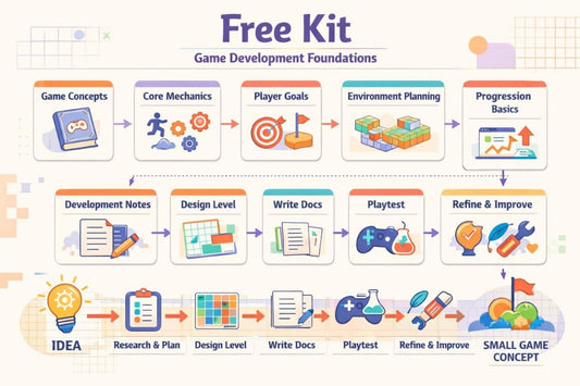 An infographic titled 'Free Kit Game Development Foundations' showing a step-by-step game development workflow with illustrated boxes and arrows on a light beige background.