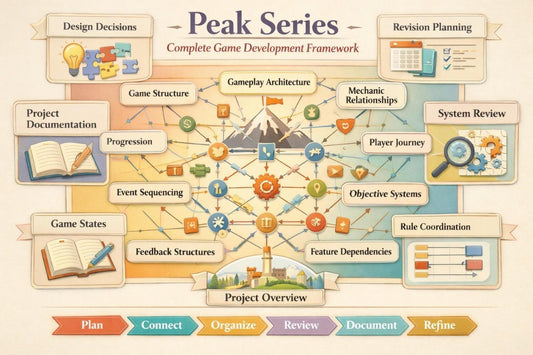 An infographic-style diagram titled 'Peak Series' showing a complete game development framework with connected labeled boxes such as Design Decisions, Revision Planning, Project Documentation, Game States, Feedback Structures, Objective Systems, and Project Overview, arranged around central icons and a mountain illustration on a cream background.
