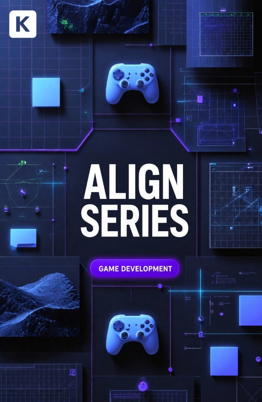 Promotional graphic for 'ALIGN SERIES GAME DEVELOPMENT' featuring two blue game controllers on a dark tech-themed background with glowing grid lines and UI elements.