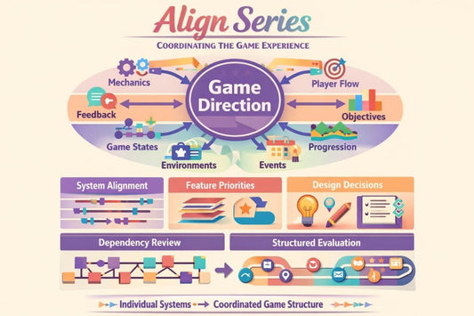 An infographic titled 'Align Series' explaining 'Coordinating the Game Experience' with a central purple 'Game Direction' oval and surrounding sections for Mechanics, Player Flow, Objectives, Game States, Environments, Events, System Alignment, Feature Priorities, Design Decisions, Dependency Review, and Structured Evaluation.