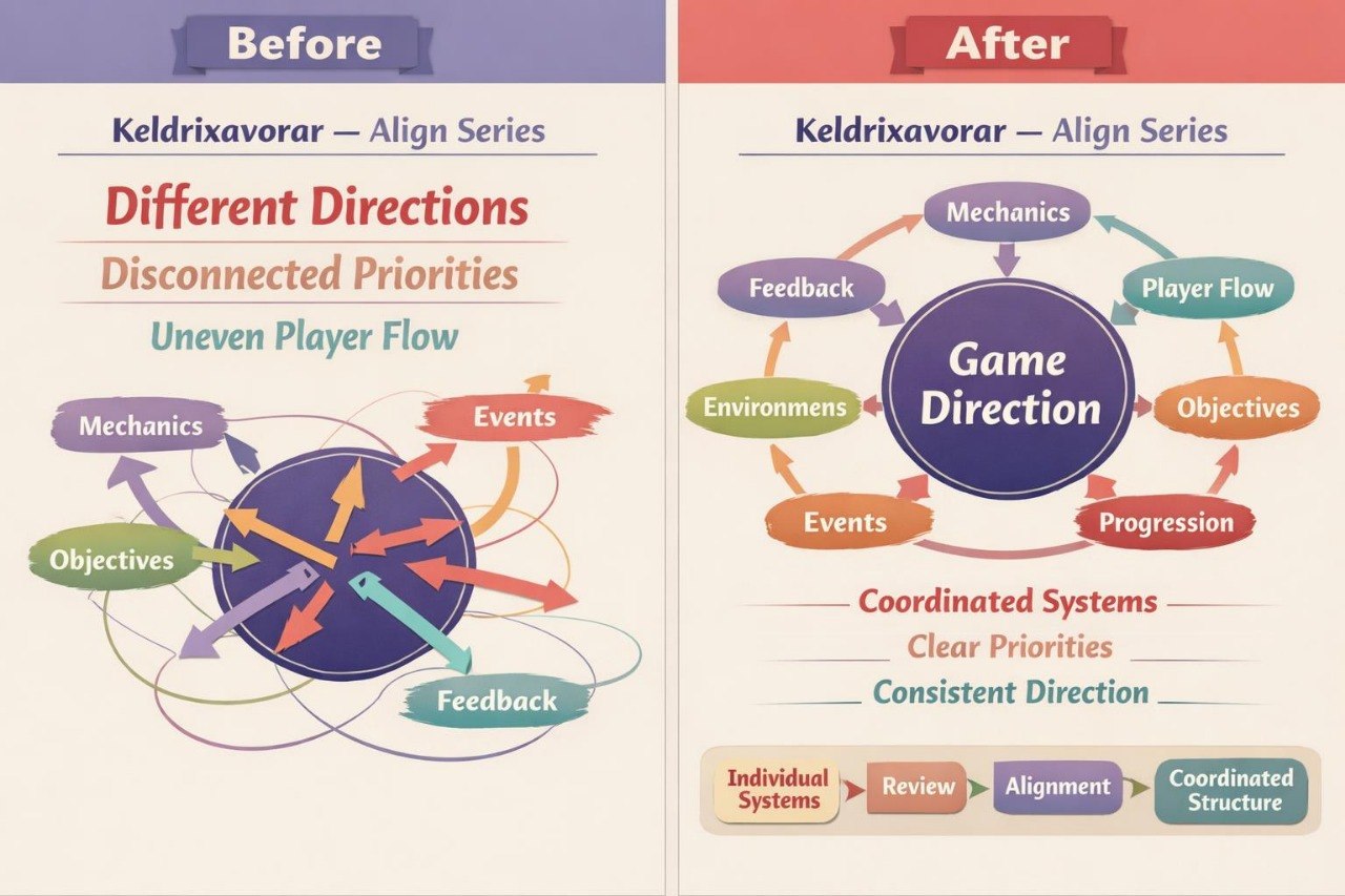 A side-by-side infographic comparing 'Before' and 'After' states of Keldrixvador game management. The left 'Before' section shows a disorganized, multi-directional flow diagram with arrows pointing in various directions.