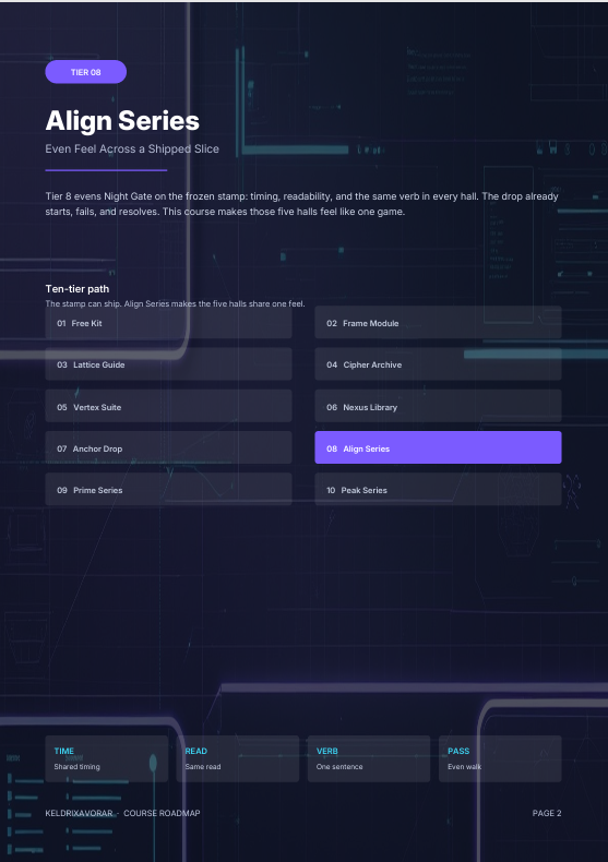 A digital screenshot of a dark-themed software interface titled 'Align Series', showing a list of ten tier paths and various settings like 'Theme', 'Layout', 'Verse', and 'Pass' on a futuristic dark blue background.