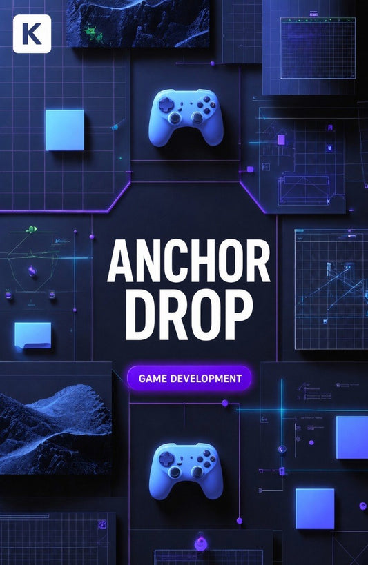 A digital cover design for a game development course or service titled 'ANCHOR DROP' with 'GAME DEVELOPMENT' in a purple badge. The design features two glowing blue game controllers on a dark, tech-themed background with grid lines and interface graphics.