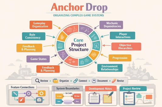 An infographic titled 'Anchor Drop' showing a circular diagram for organizing complex game systems, with colored labels around a central 'Core Project Structure' circle and additional note panels along the bottom.