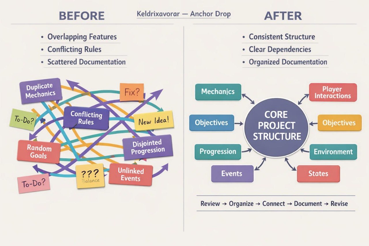 An educational infographic comparing 'Before' and 'After' states of project management documentation, featuring Keldrixavor's Anchor Drop concept. The left side, labeled 'BEFORE', shows a chaotic web of colored arrows and boxes for 'Overlapping Features', 'Conflicting Rules', and 'Scattered Documentation'.
