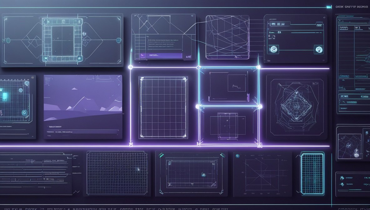 A digital graphic design template featuring a futuristic dark blue and purple user interface grid with glowing neon lines and various UI panels.