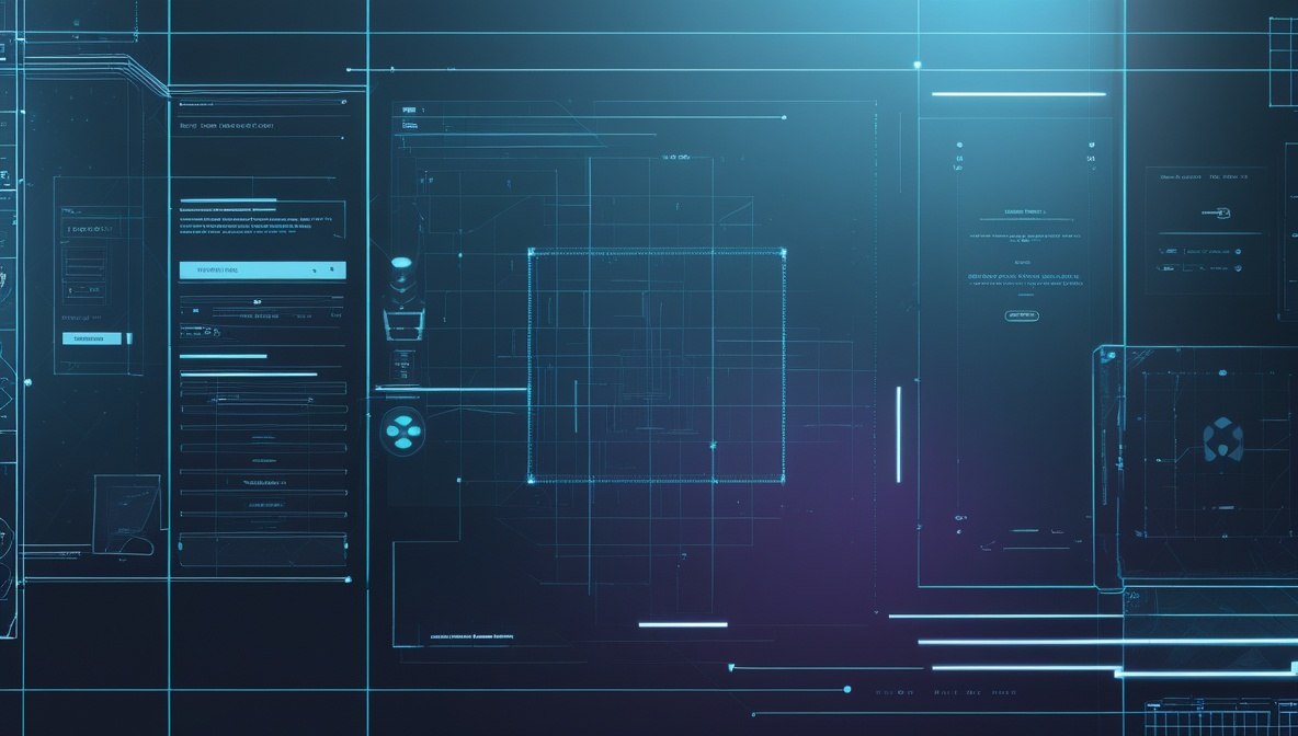 A futuristic digital interface graphic with glowing cyan and light blue lines over a dark navy background, resembling a high-tech control panel or schematic diagram.
