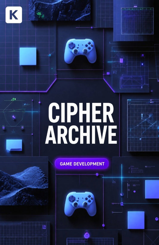 Digital cover graphic for 'Cipher Archive Game Development', featuring a dark futuristic theme with two glowing blue game controllers, digital interface grids, and a white 'K' logo in the top left corner.