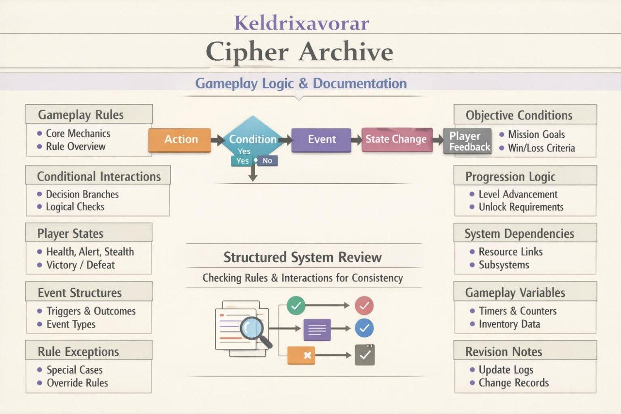 A document-style diagram titled 'Keldrixavor Cipher Archive' with sections for gameplay rules, conditional interactions, player states, event structures, action, condition/event/state flow, objectives, progression logic, system dependencies, game variables, update logs, and revision notes on a pale background.