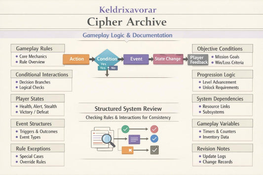 A document-style diagram titled 'Keldrixavor Cipher Archive' with sections for gameplay rules, conditional interactions, player states, event structures, action, condition/event/state flow, objectives, progression logic, system dependencies, game variables, update logs, and revision notes on a pale background.