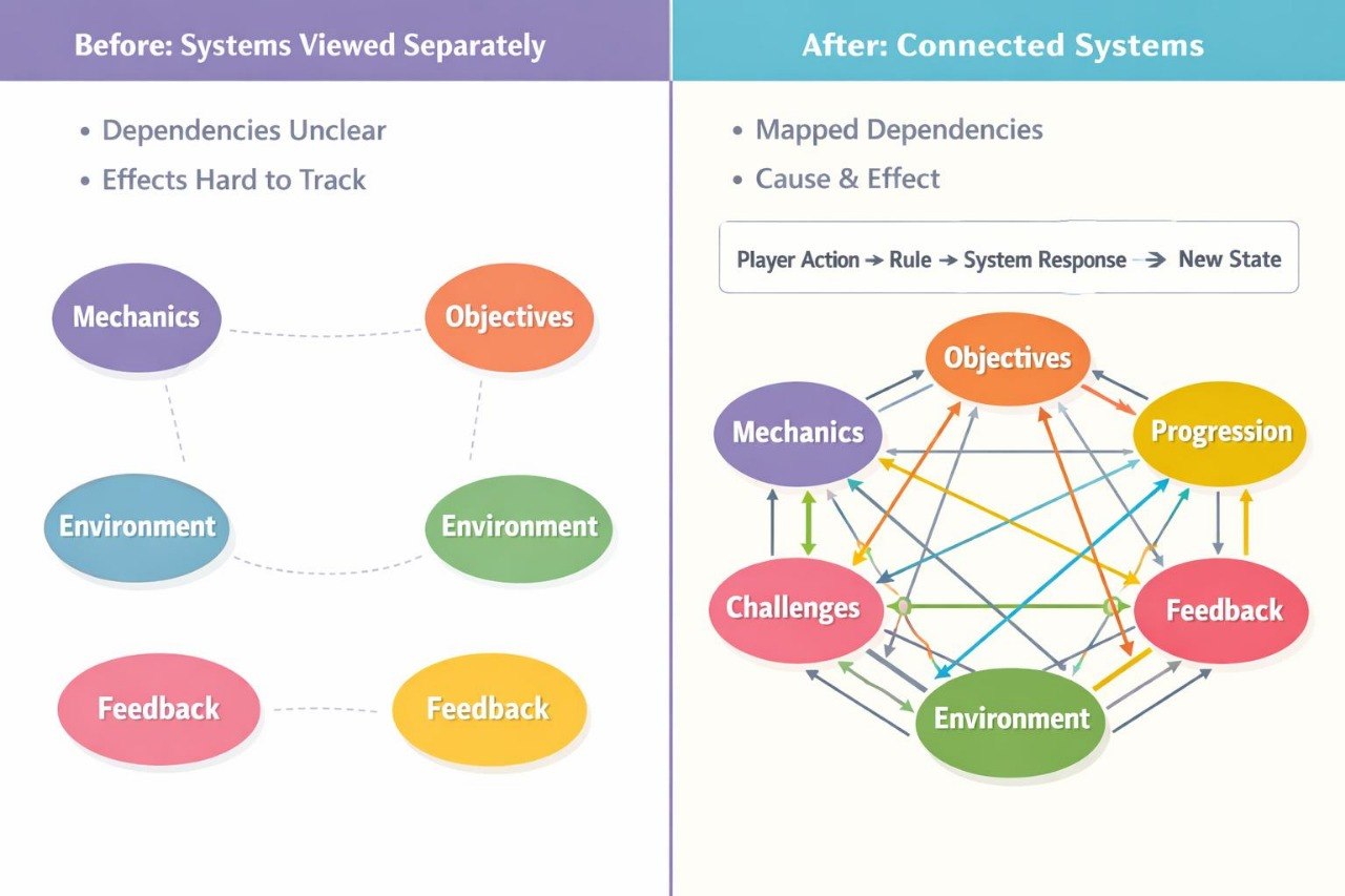 A side-by-side comparison diagram titled 'Before: Systems Viewed Separately' and 'After: Connected Systems,' showing colorful labeled system components and arrows on a white background.