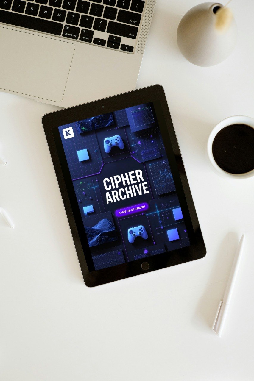 A tablet lying on a white desk, displaying a game cover titled 'PEAK SERIES' with game controller graphics. A laptop corner, a cup of coffee, a white stylus, and a small vase are visible around it in a styled workspace scene.