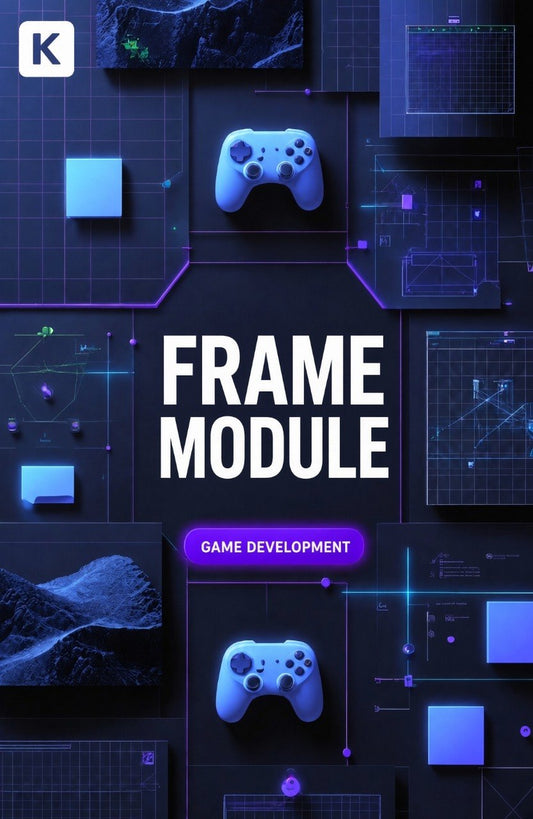 A digital cover graphic for a game development course or module titled 'FRAME MODULE' with 'GAME DEVELOPMENT' below it. The design features two stylized blue game controllers on a dark, tech-themed background with glowing purple gridlines, UI panels, and a white 'K' logo in the top-left corner.