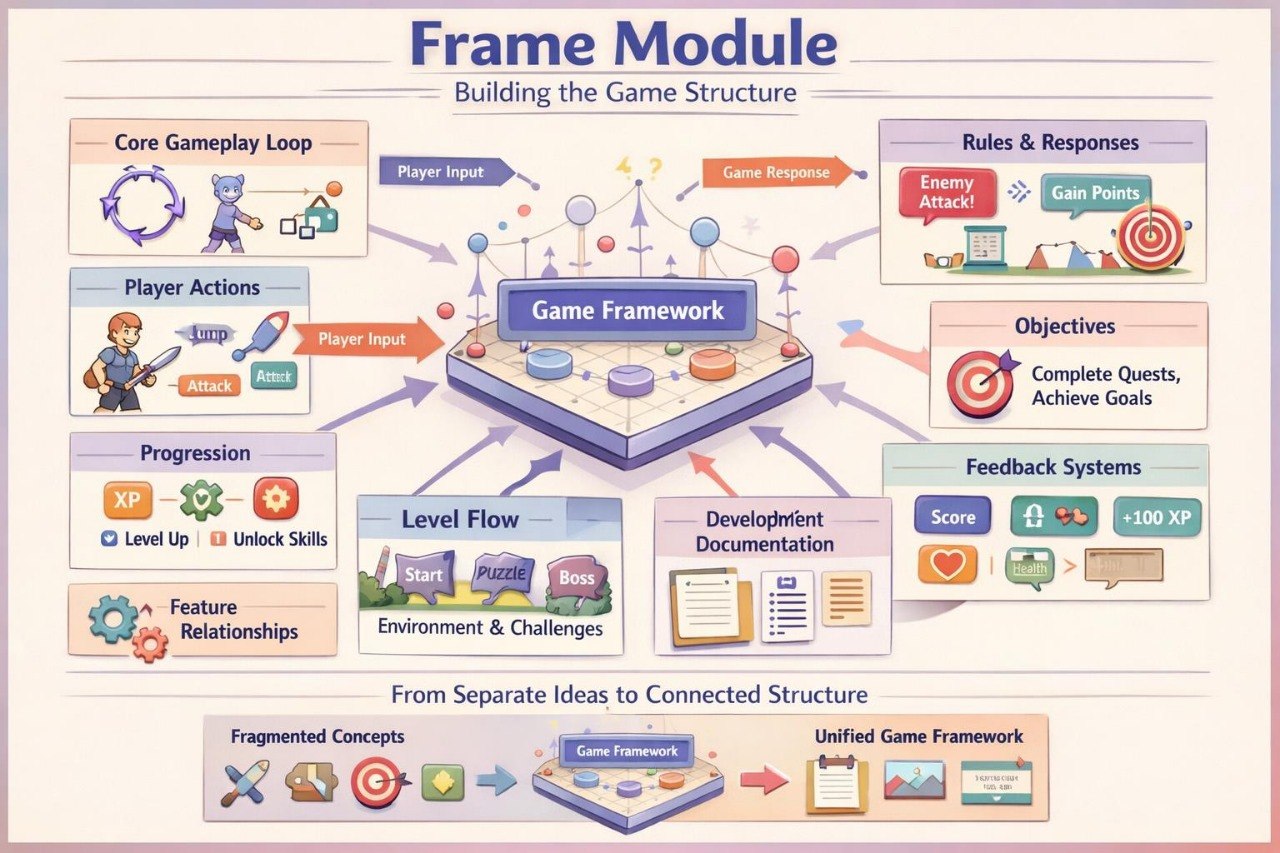An infographic titled 'Frame Module' explaining game structure and design, with a central game framework board connected to sections for core gameplay loop, player actions, objectives, level flow, feedback systems, and documentation. The layout uses pastel colors and icons on a light beige background.