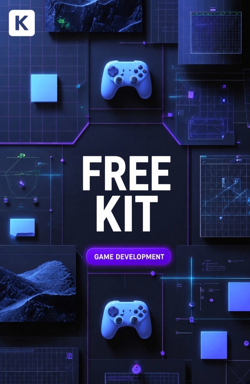 Promotional graphic for a game development free kit, featuring two blue game controllers and various digital UI elements on a dark background with the text 'FREE KIT' and 'GAME DEVELOPMENT'.