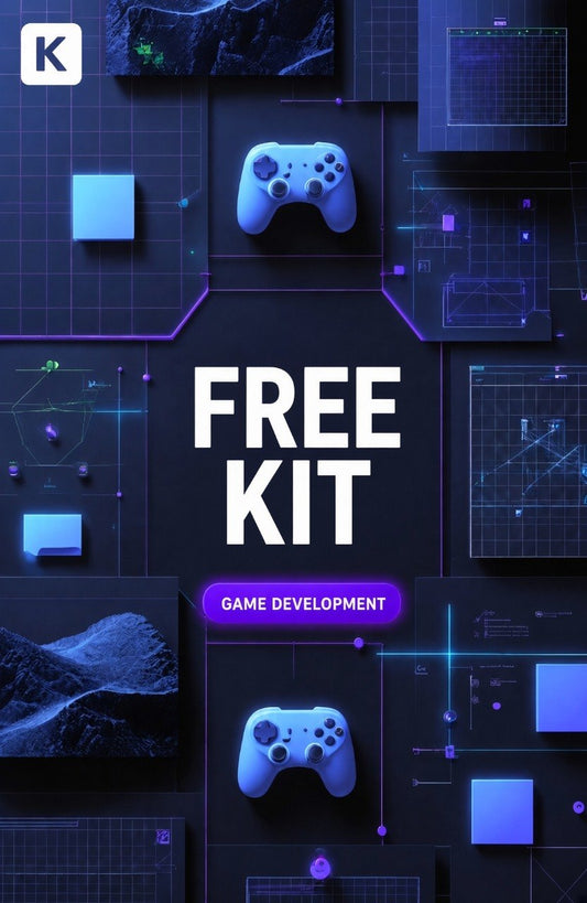 Promotional graphic for a game development free kit, featuring two blue game controllers and various digital UI elements on a dark background with the text 'FREE KIT' and 'GAME DEVELOPMENT'.