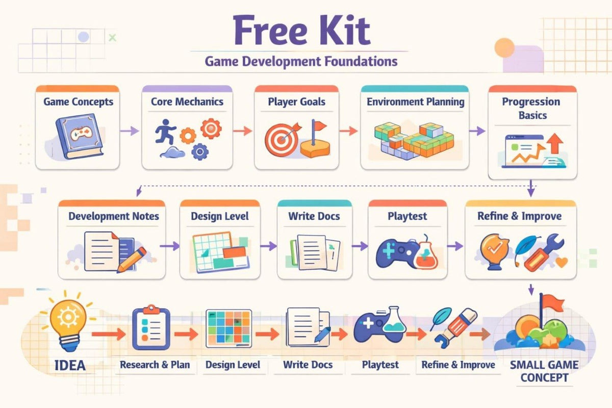 An infographic titled 'Free Kit Game Development Foundations' showing a step-by-step game development workflow with illustrated boxes and arrows on a light beige background.