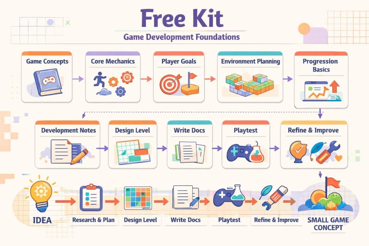 An infographic titled 'Free Kit Game Development Foundations' showing a step-by-step game development workflow with illustrated boxes and arrows on a light beige background.