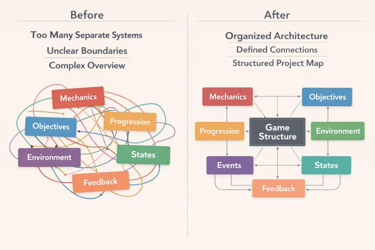 A comparison graphic titled 'Before' and 'After' showing a conceptual system overview. The left side, labeled 'Before,' shows tangled colored boxes and lines for Mechanics, Objects, Progression, States, and Feedback.