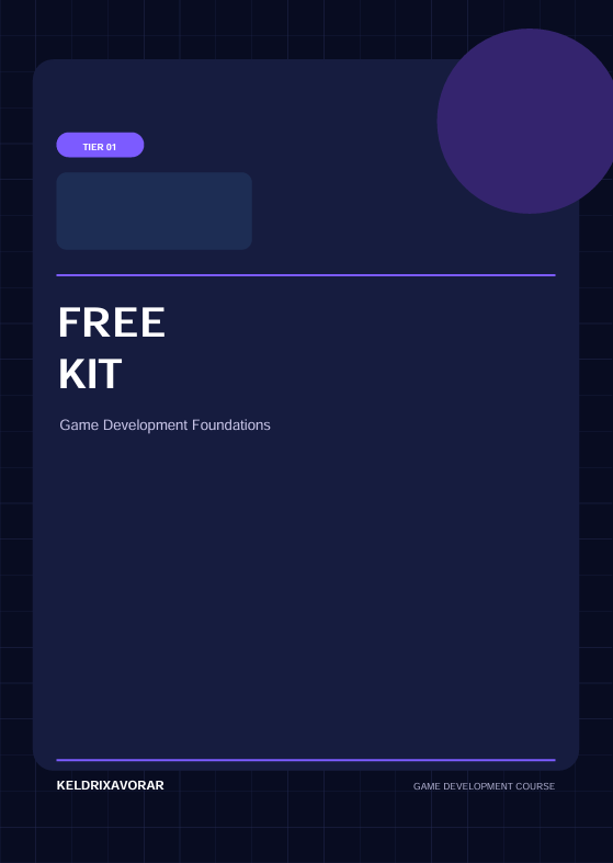 A digital cover graphic for a game development course titled 'FREE KIT - Game Development Foundations' by Keldrikavörar. The design features a dark navy blue background with a subtle grid pattern, a large purple circle in the top right, and white text.