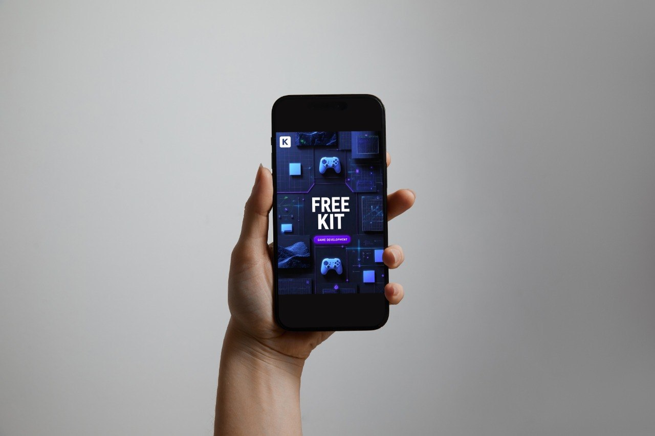 A hand holding a black smartphone against a plain light gray background, with the phone screen displaying a dark blue and purple digital interface titled 'FRAME MODULE'.