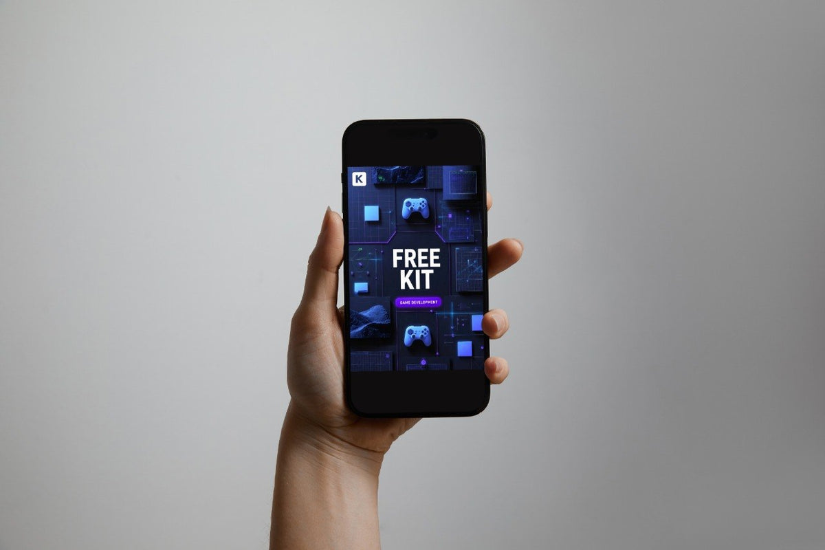 A hand holding a black smartphone against a plain light gray background, with the phone screen displaying a dark blue and purple digital interface titled 'FRAME MODULE'.