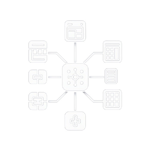 A white digital interface graphic showing a central dashboard connected to multiple application modules, isolated on a solid black background.