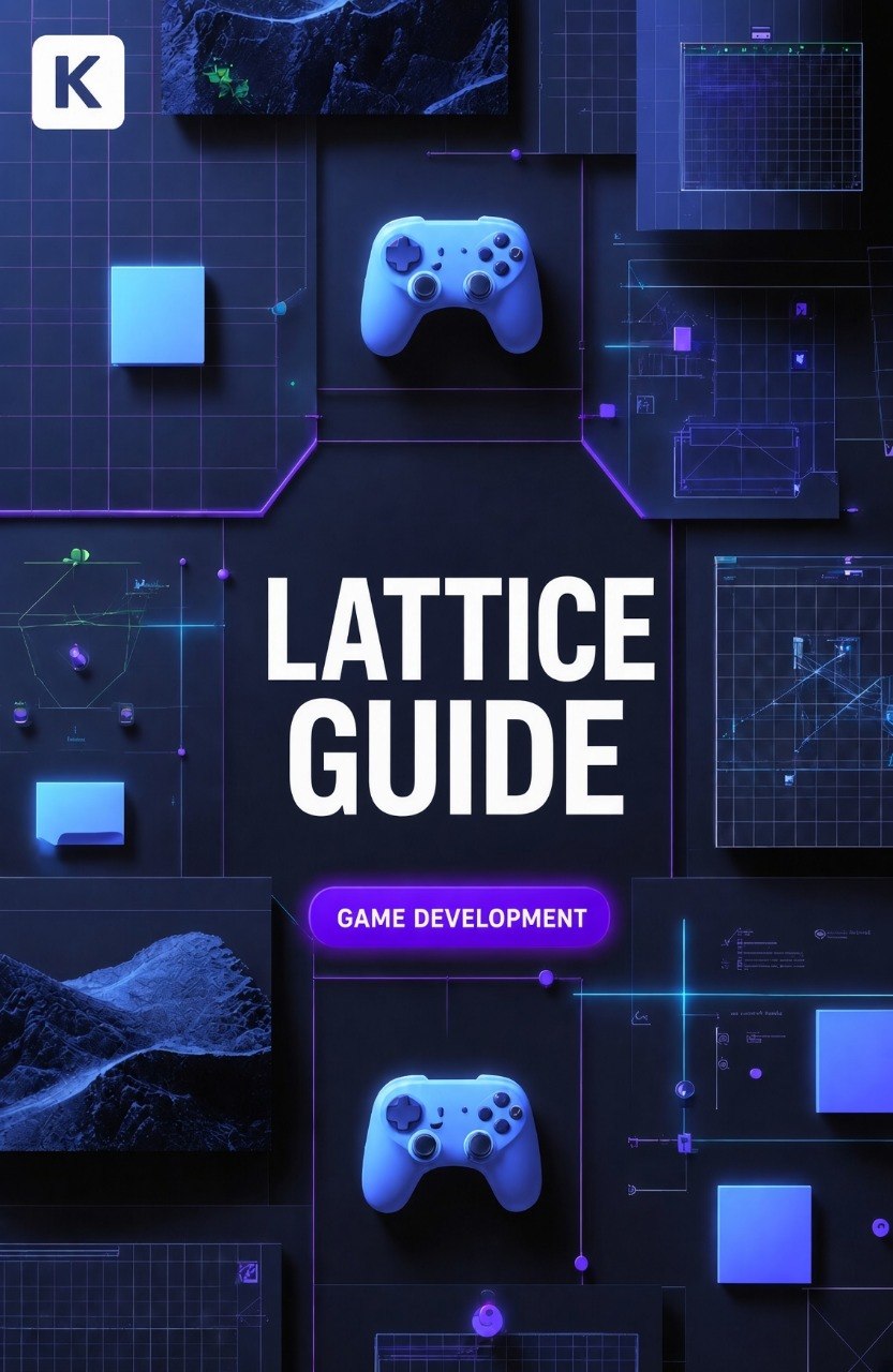 A digital cover design for a 'Lattice Guide: Game Development' book or digital resource, featuring a dark navy and black background with glowing blue and purple UI elements, grid screens, and two stylized game controllers.