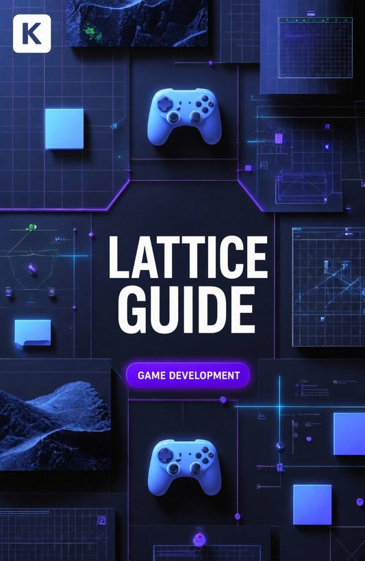 A digital cover design for a 'Lattice Guide: Game Development' book or digital resource, featuring a dark navy and black background with glowing blue and purple UI elements, grid screens, and two stylized game controllers.