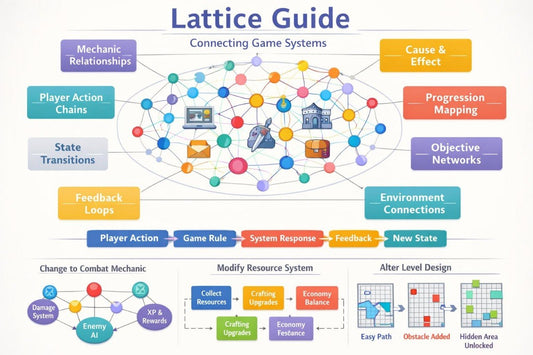 An educational infographic titled 'Lattice Guide' explaining how to connect game systems, featuring colorful boxes and icons linked in a central network diagram on a white background.