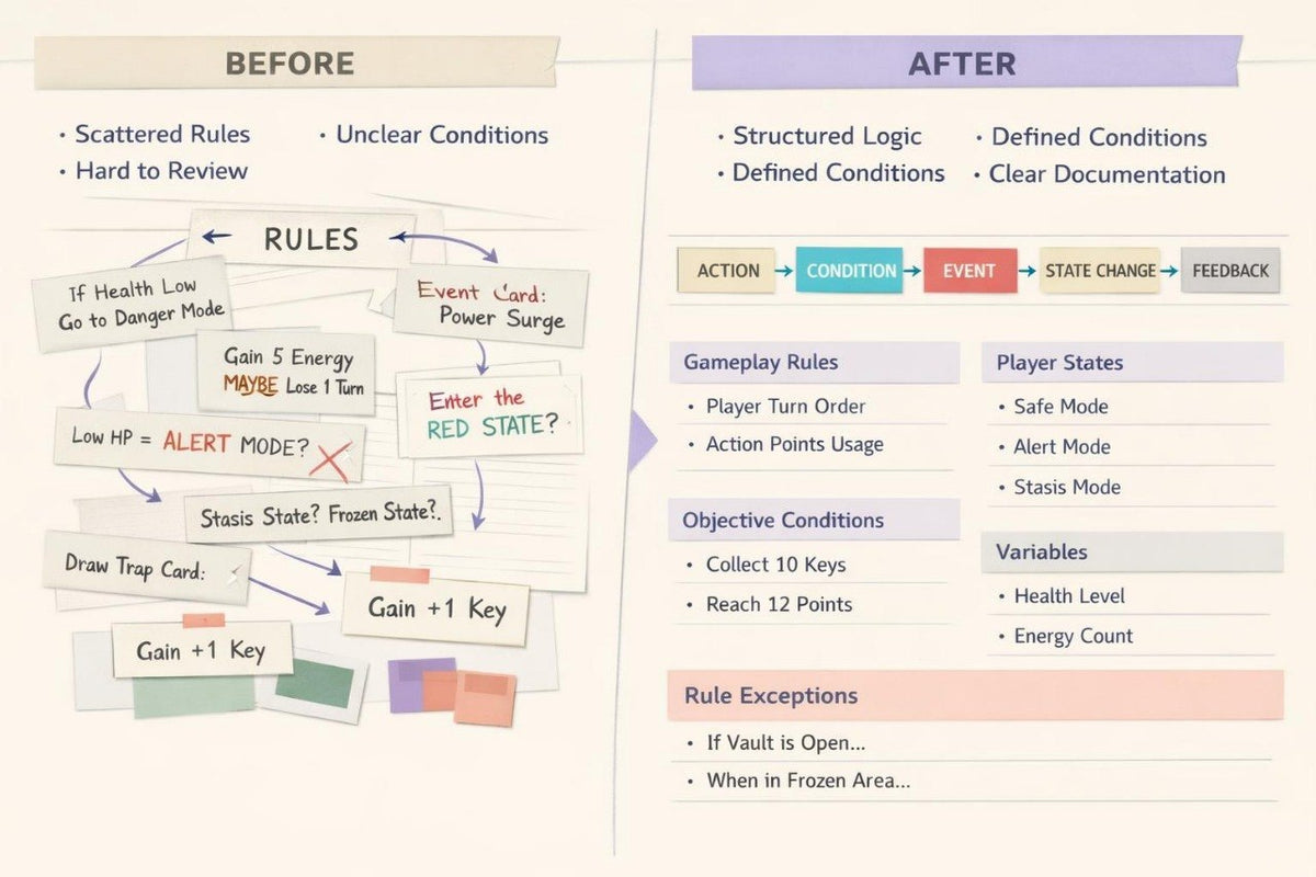 A comparison infographic titled BEFORE and AFTER, showing a transition from a messy, scattered rules sheet on the left to a structured, documented game system on the right. The left side features a handwritten-looking rules sheet with arrows and notes, while the right side displays organized sections for Action, Condition, Event, State Change, Feedback, Gameplay Rules, Objective Conditions, Player States, Variables, and Exceptions, using pastel purple, pink, and orange accents.