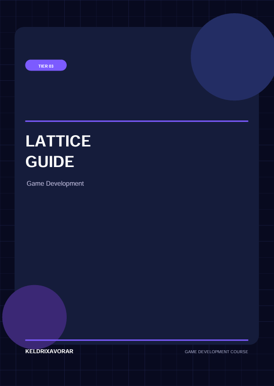 A digital cover graphic for a game development course titled 'LATTICE GUIDE'. The design features a dark navy blue background with a subtle grid pattern, white text, and purple accents including a rounded rectangle at the top left containing 'TKK 401' and a large circular shape in the top right.