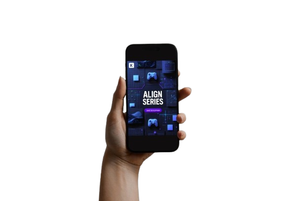 A hand holding a black smartphone against a solid white background. The phone screen displays a dark-themed digital interface with the text 'ALIGN SERIES' and various blue and purple graphics.