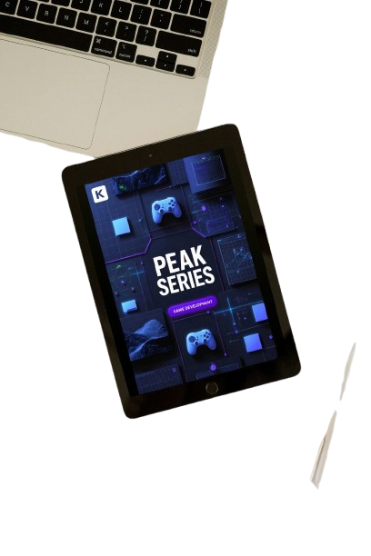 A tablet device displaying a game series cover titled 'PEAK SERIES' with game controller graphics, shown on a white background with part of a laptop and a stylus nearby.