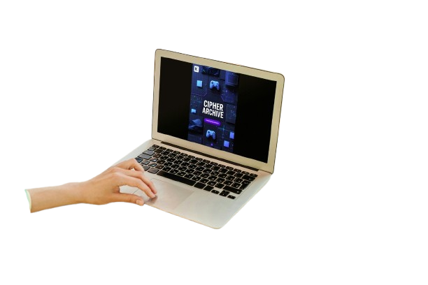 A silver laptop with a black keyboard and screen, shown open on a plain white background. A human hand is resting on the trackpad, and the screen displays a dark interface with the text 'CIPHER ARCHIVE'.