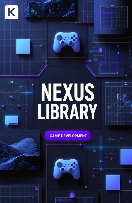 Promotional graphic for 'Nexus Library Game Development' featuring two blue and purple video game controllers on a dark tech-themed background with UI elements and charts. A white square logo with a stylized 'K' is in the top-left corner.