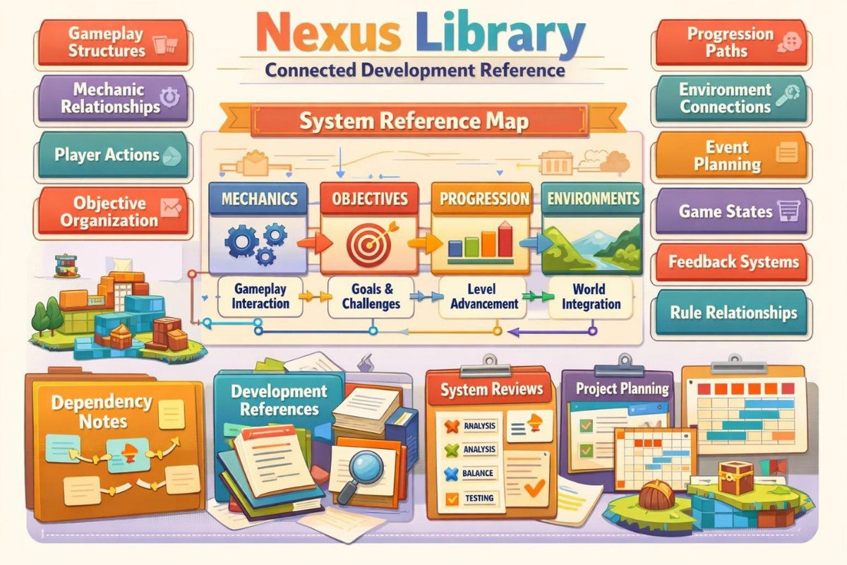 A colorful illustrated reference map titled 'Nexus Library Connected Development Reference' with labeled sections such as Gameplay Structures, Progression Paths, Mechanics, Objectives, Progression, Environments, Dependency Notes, Development References, System Reviews, and Project Planning.