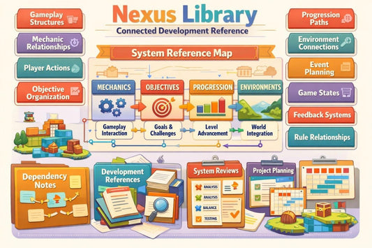A colorful illustrated reference map titled 'Nexus Library Connected Development Reference' with labeled sections such as Gameplay Structures, Progression Paths, Mechanics, Objectives, Progression, Environments, Dependency Notes, Development References, System Reviews, and Project Planning.
