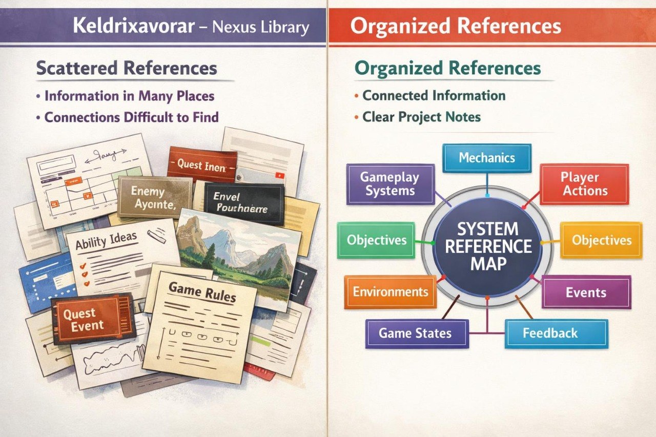 A split comparison graphic titled 'Keldrixavor - Nexus Library' and 'Organized References,' showing a pile of scattered reference cards on the left and a central 'System Reference Map' diagram on the right with colored boxes for Mechanics, Player Actions, Objectives, Events, Environments, Game States, Feedback, and Gameplay Systems.