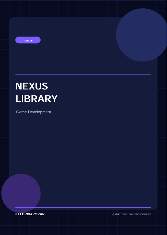 A digital cover graphic for a 'Nexus Library - Game Development' course, featuring a dark navy blue background with purple accents, white text, and abstract circular shapes.