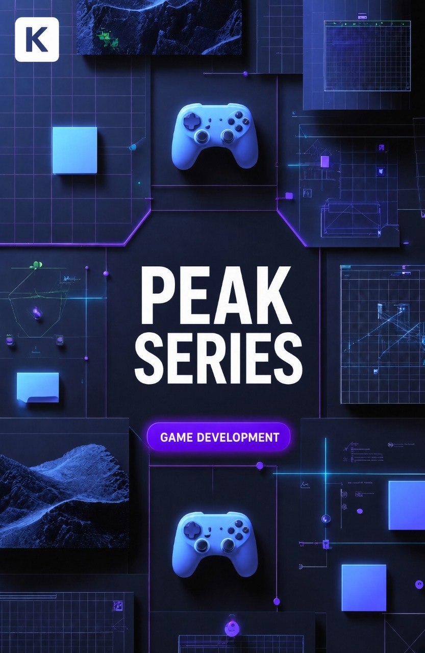 Promotional graphic for 'Peak Series Game Development' featuring two blue game controllers, digital HUD interfaces, and technical schematics on a dark background with a white 'K' logo in the top-left corner.
