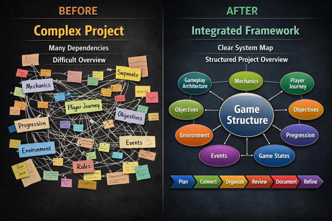 A before-and-after comparison graphic on a dark chalkboard-style background. The left side, labeled BEFORE, shows a tangled project overview diagram with many colored sticky notes and connected labels.