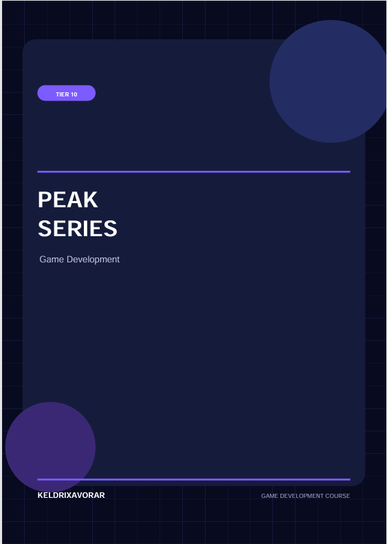A digital cover graphic for a game development course titled 'PEAK SERIES' with the subtitle 'Game Development Course'. The design features a dark navy blue background with a subtle grid pattern, purple accents, and white text.