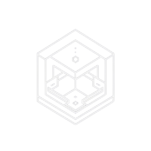 A minimalist white line art icon depicting a 3D isometric cube with a geometric core, centered on a solid black background.