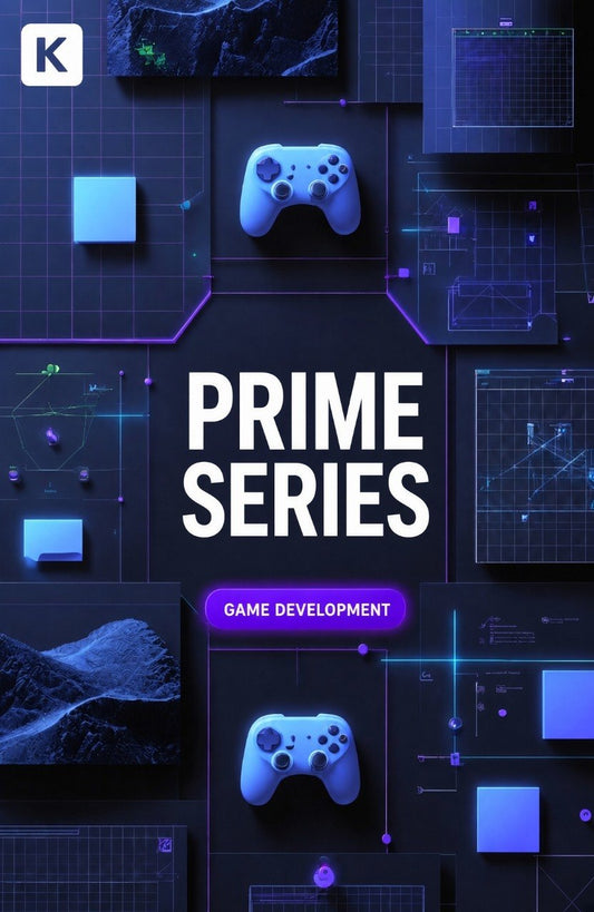A stylized digital cover graphic for a game development course or series titled 'PRIME SERIES GAME DEVELOPMENT'. The design features two glowing blue game controllers on a dark, tech-themed background with purple gridlines, UI elements, and a white 'K' logo in the top-left corner.