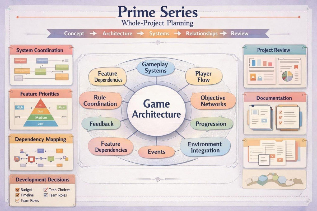 An infographic titled 'Prime Series Whole-Project Planning' with a central 'Game Architecture' circle surrounded by sections for gameplay systems, player flow, objective networks, progression, events, environment integration, feature dependencies, rule coordination, feedback, and system coordination. The left and right sides include boxes for feature priorities, dependency mapping, development decisions, project review, documentation, and progress.