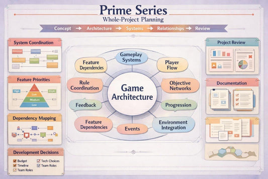 An infographic titled 'Prime Series Whole-Project Planning' with a central 'Game Architecture' circle surrounded by sections for gameplay systems, player flow, objective networks, progression, events, environment integration, feature dependencies, rule coordination, feedback, and system coordination. The left and right sides include boxes for feature priorities, dependency mapping, development decisions, project review, documentation, and progress.