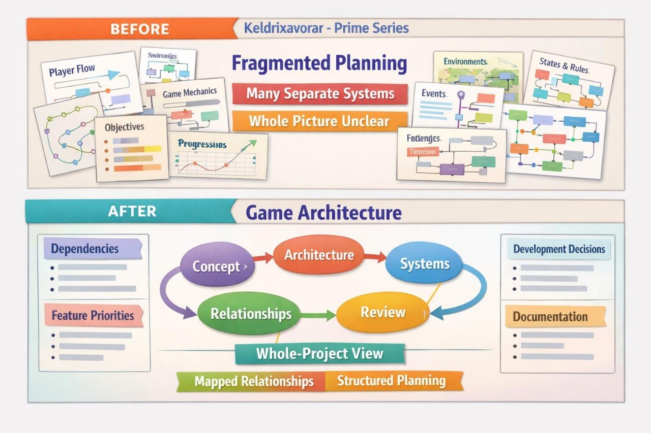 A comparison infographic titled 'Before' and 'After' for 'Keldrixavorar - Prime Series' showing 'Fragmented Planning' versus 'Game Architecture'. The top section displays various mini-plans and flowcharts labeled as separate systems, while the bottom section shows a central game architecture loop with 'Concept', 'Architecture', 'Systems', 'Relationships', and 'Review' in colored ovals, with dependency and documentation columns on the sides.