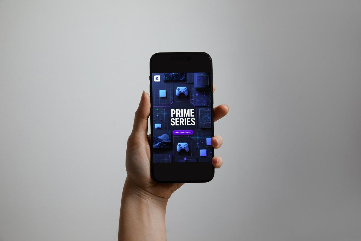 A hand holding a black smartphone against a plain light gray background, with the phone screen displaying a dark app interface titled "PRIME SERIES.".
